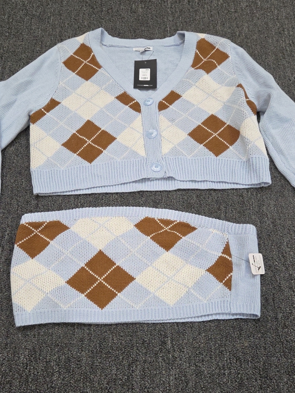 (#5C) Fashion Nova Light Blue Argyle Cropped V-Neck Cardigan Set